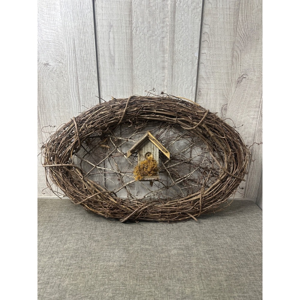 Handmade Rustic Oval Grapevine Wreath With Wooden Birdhouse Decor